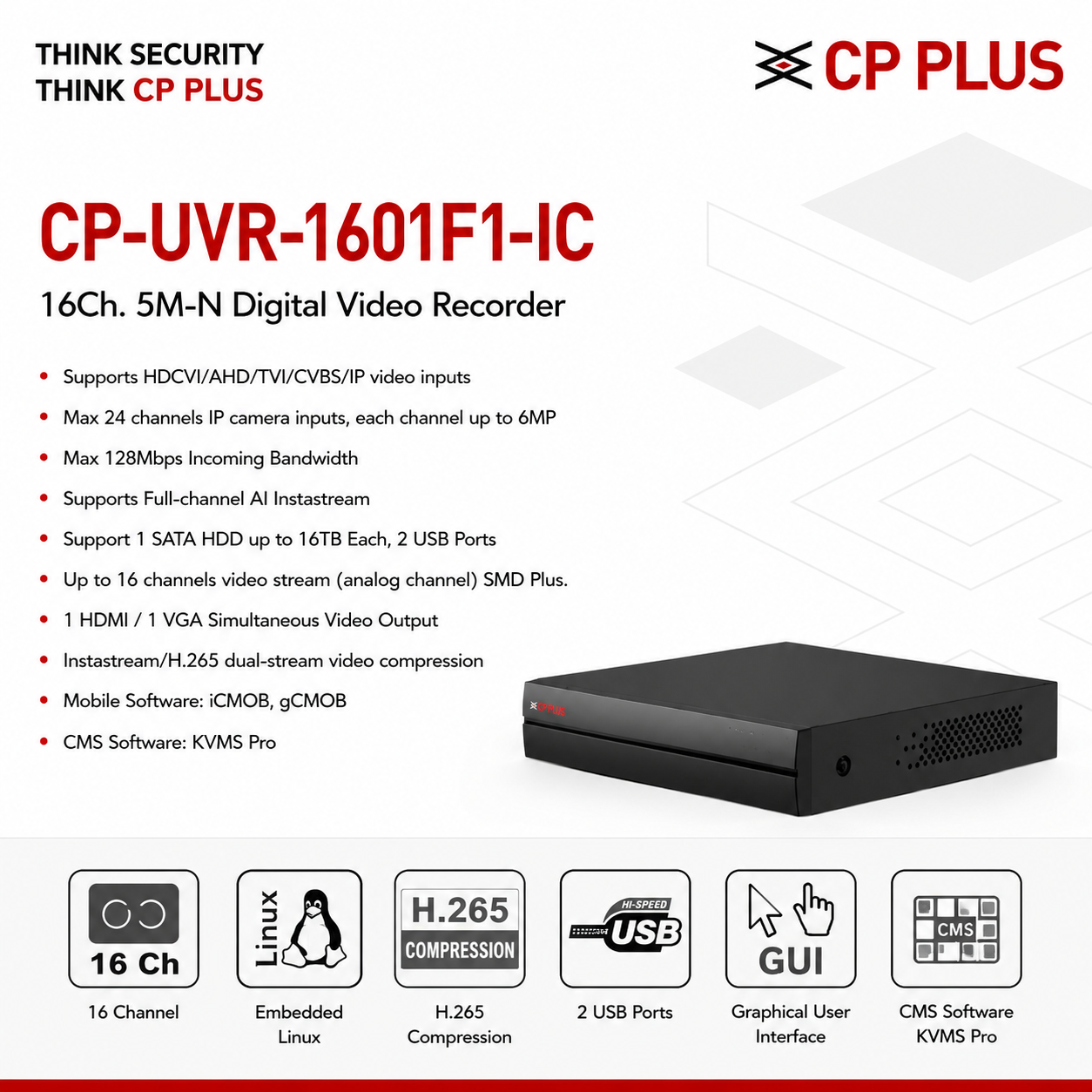 CP PLUS CP-UVR-1601F1-IC 16 Channel AI Digital Video Recorder