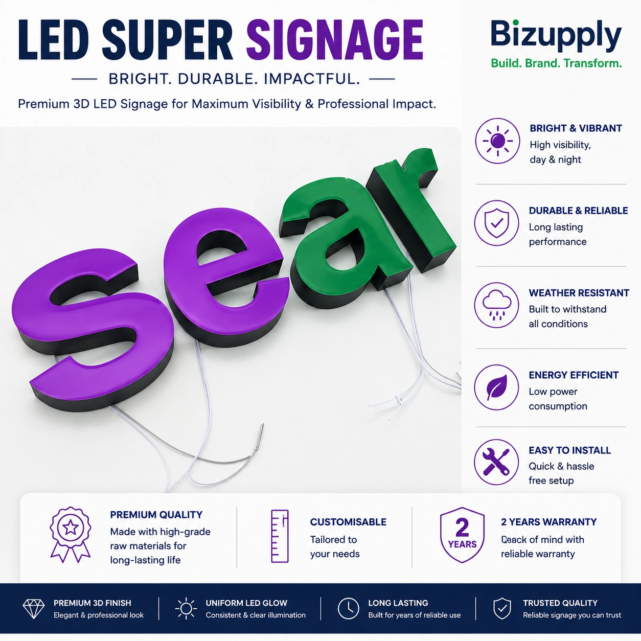 3D epoxy resin glowing letter signage with ultra-bright LED illumination for retail storefronts