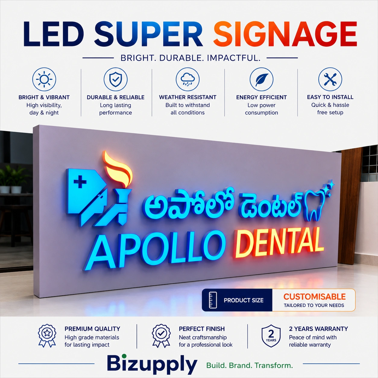 Premium frontlit 3D epoxy resin business signboard glowing at night