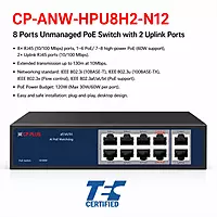 Technical specifications and AI watchdog function for the CP PLUS 8 port PoE switch