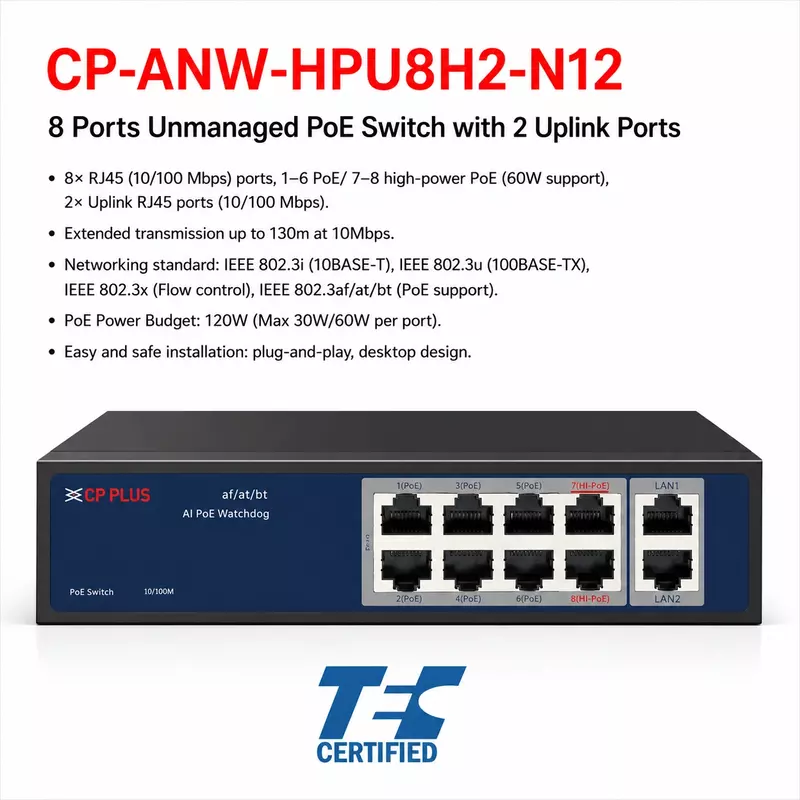 Technical specifications and AI watchdog function for the CP PLUS 8 port PoE switch