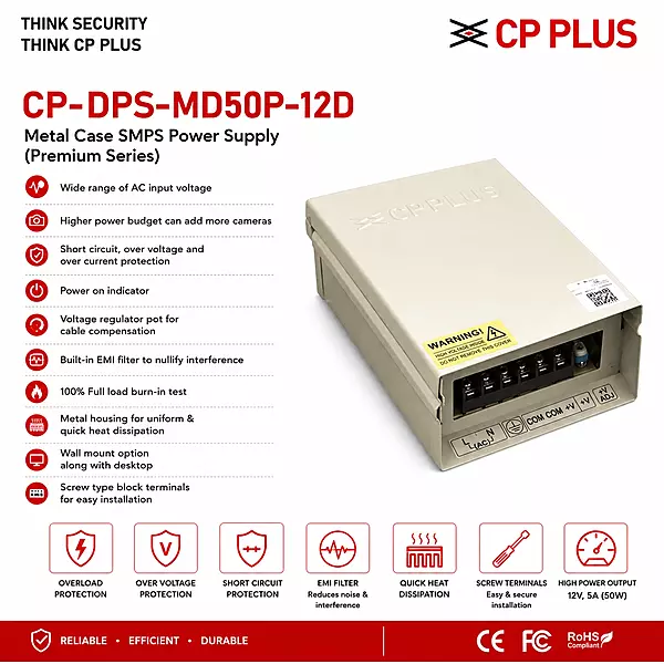 CP PLUS CP-DPS-MD50P-12D 12V 5A Metal SMPS Power Supply