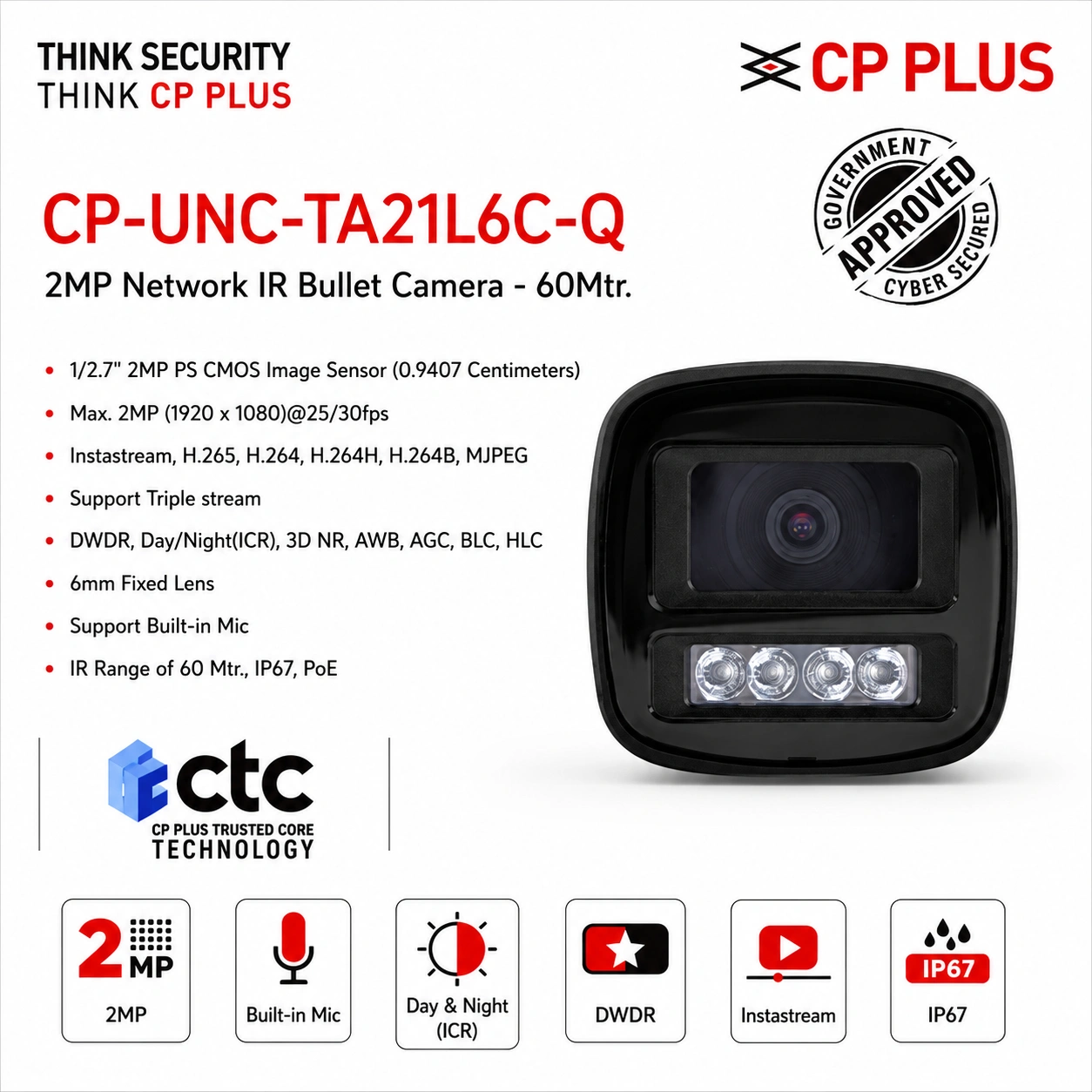 CP PLUS CP-UNC-TA21L6C-Q 2MP Network IR Bullet Camera
