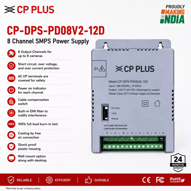 CP PLUS 8 Channel CCTV Power Supply with Cable Compensation
