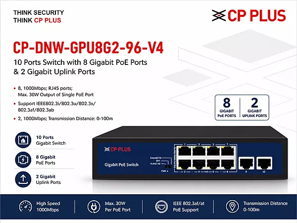 CP PLUS 8 Port Gigabit PoE Switch with 2 Uplink Ports