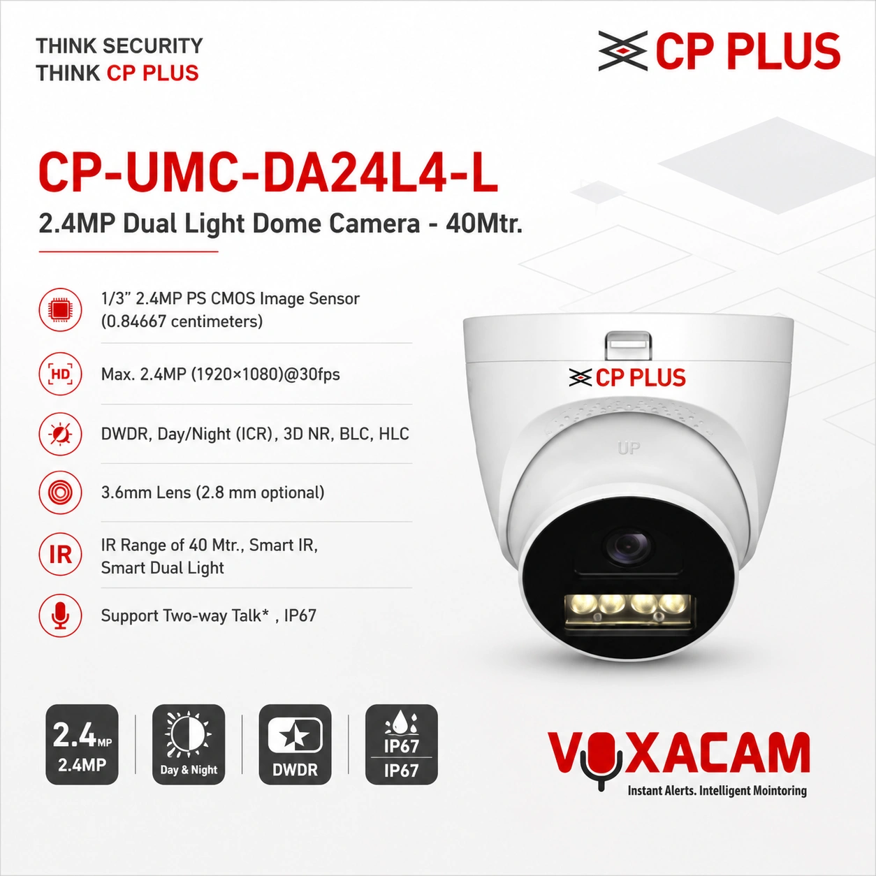 CP PLUS CP-UMC-DA24L4-L 2.4MP Dual Light Dome Camera