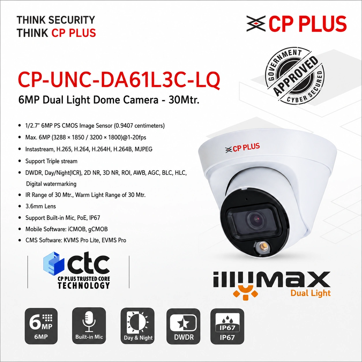 CP PLUS CP-UNC-DA61L3C-LQ 6MP Dual Light IP Dome Camera