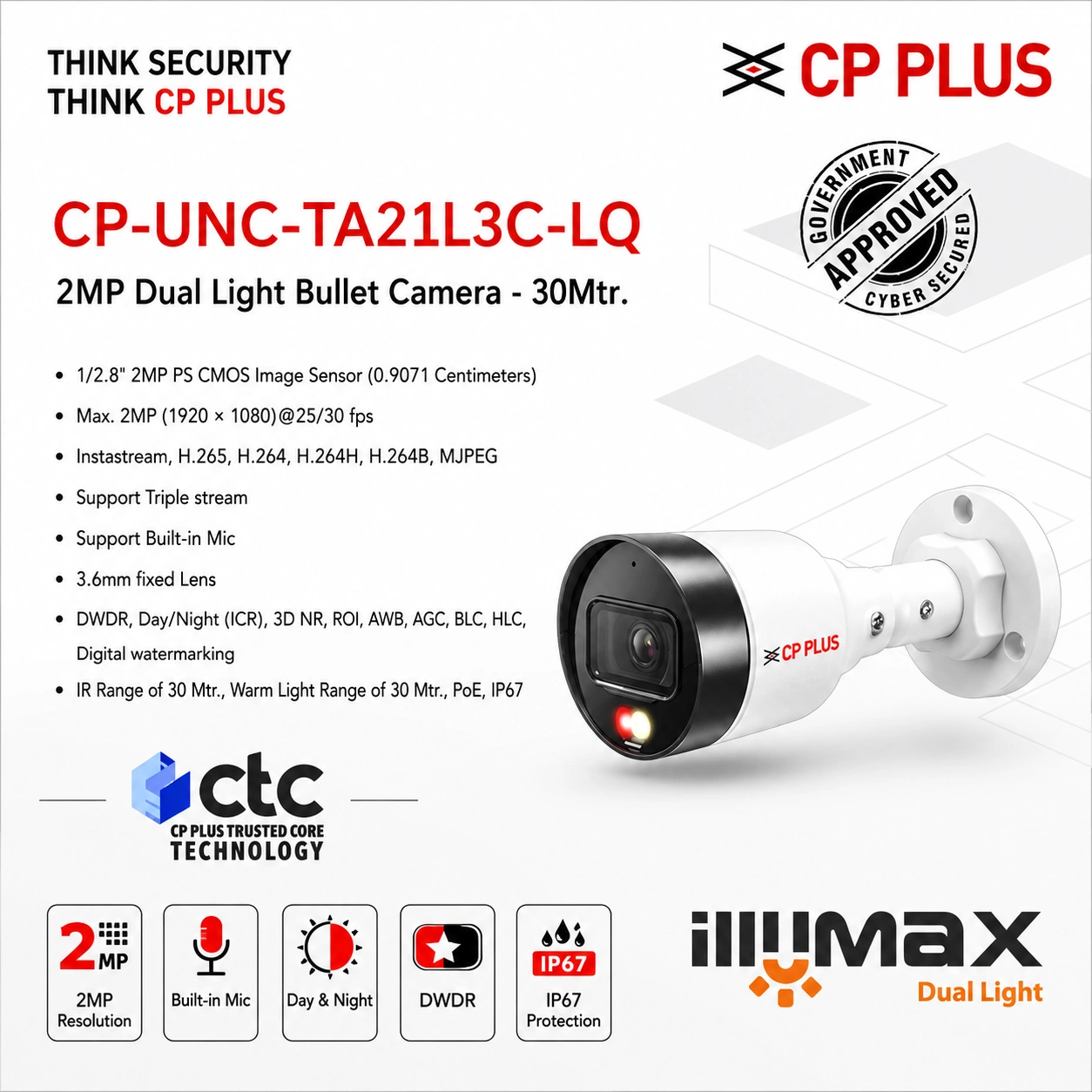 CP PLUS CP-UNC-TA21L3C-LQ 2MP Dual Light IP Bullet Camera with mic