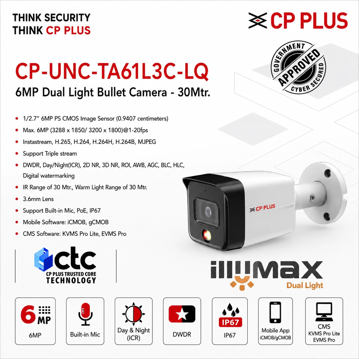CP PLUS CP-UNC-TA61L3C-LQ 6MP Dual Light IP Bullet Camera