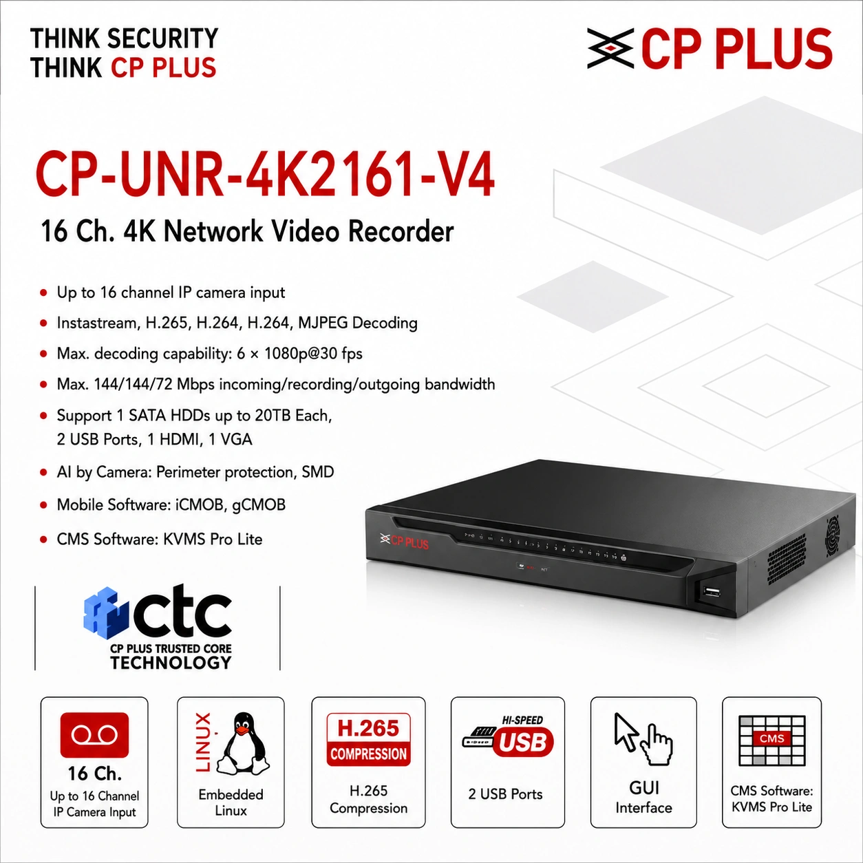 CP PLUS CP-UNR-4K2161-V4 16 Channel 4K AI Network Video Recorder