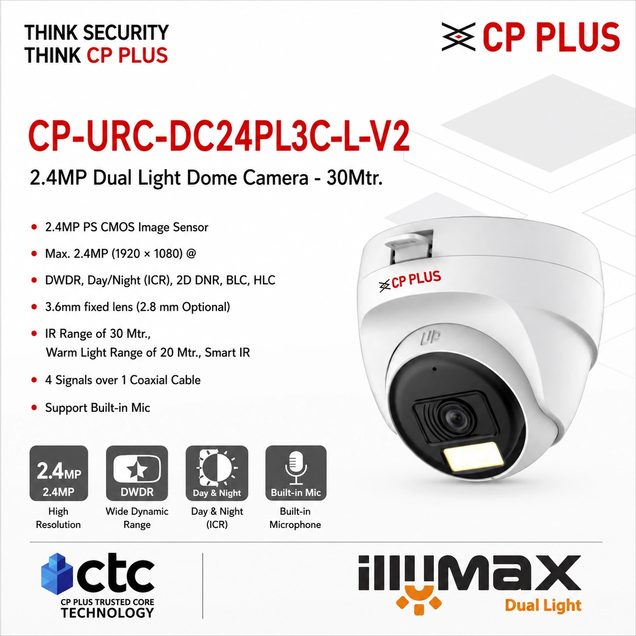 CP PLUS CP-URC-DC24PL3C-L-V2 2.4MP Dual Light Dome Camera with Built-in Microphone