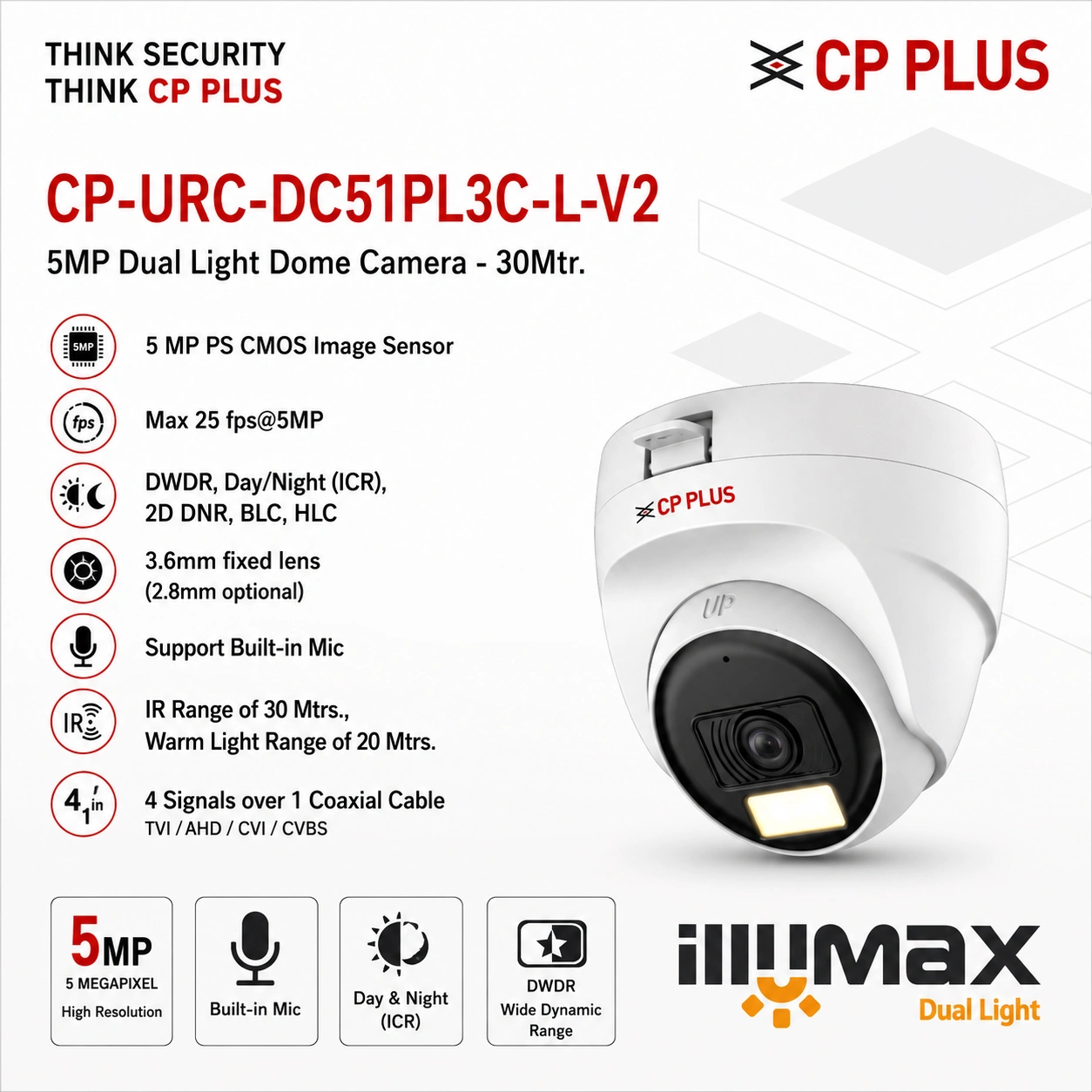 CP PLUS CP-URC-DC51PL3C-L-V2 5MP Dual Light Dome Camera with Built-in Microphone