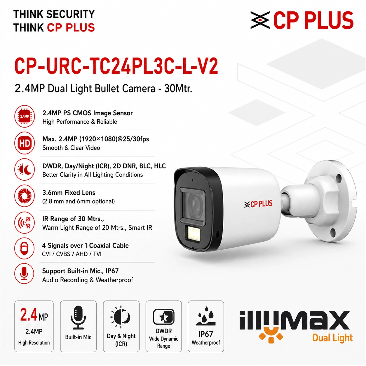 CP PLUS CP-URC-TC24PL3C-L-V2 2.4MP Dual Light Bullet Camera with Built-in Microphone