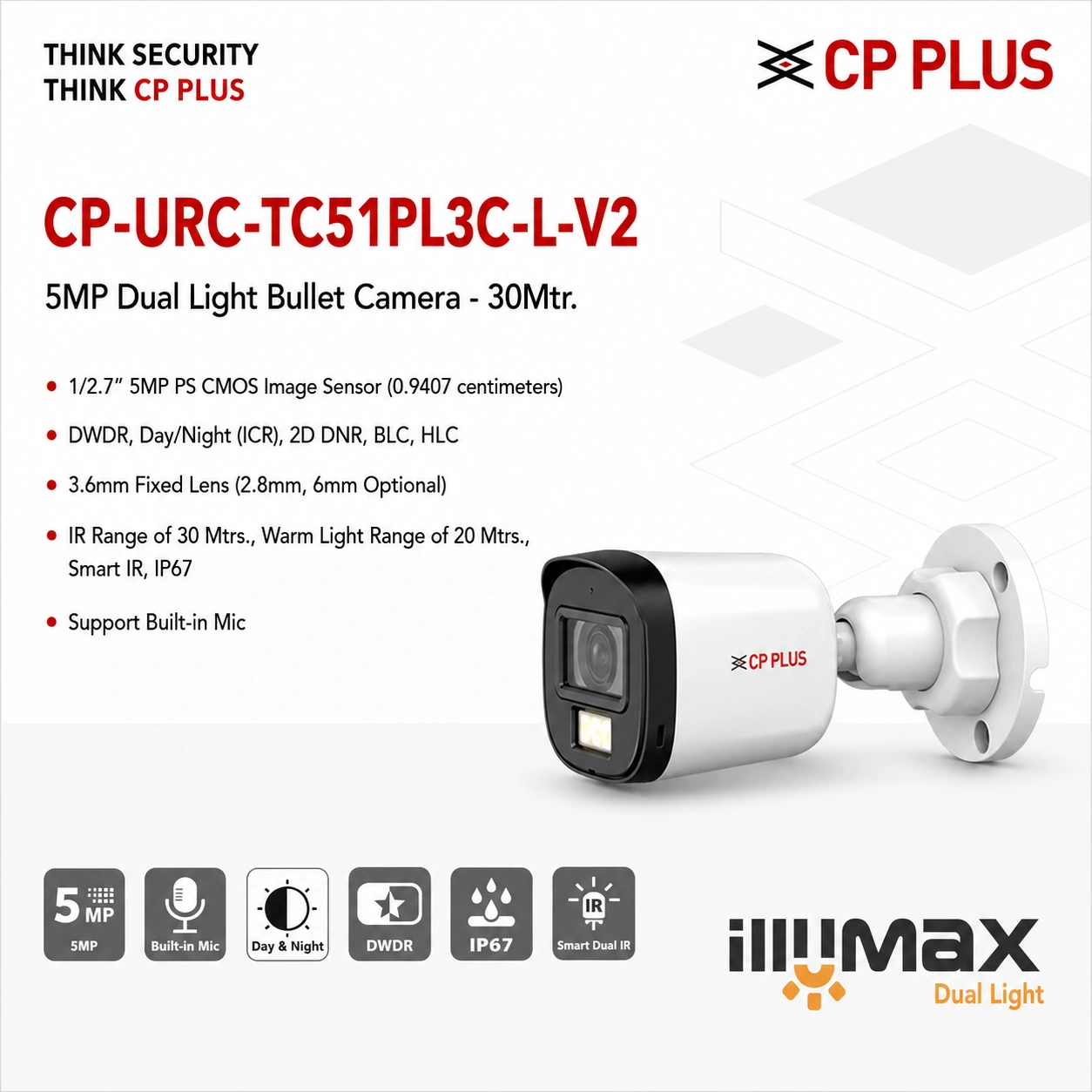 CP PLUS CP-URC-TC51PL3C-L-V2 5MP Dual Light Bullet Camera with Built-in Microphone