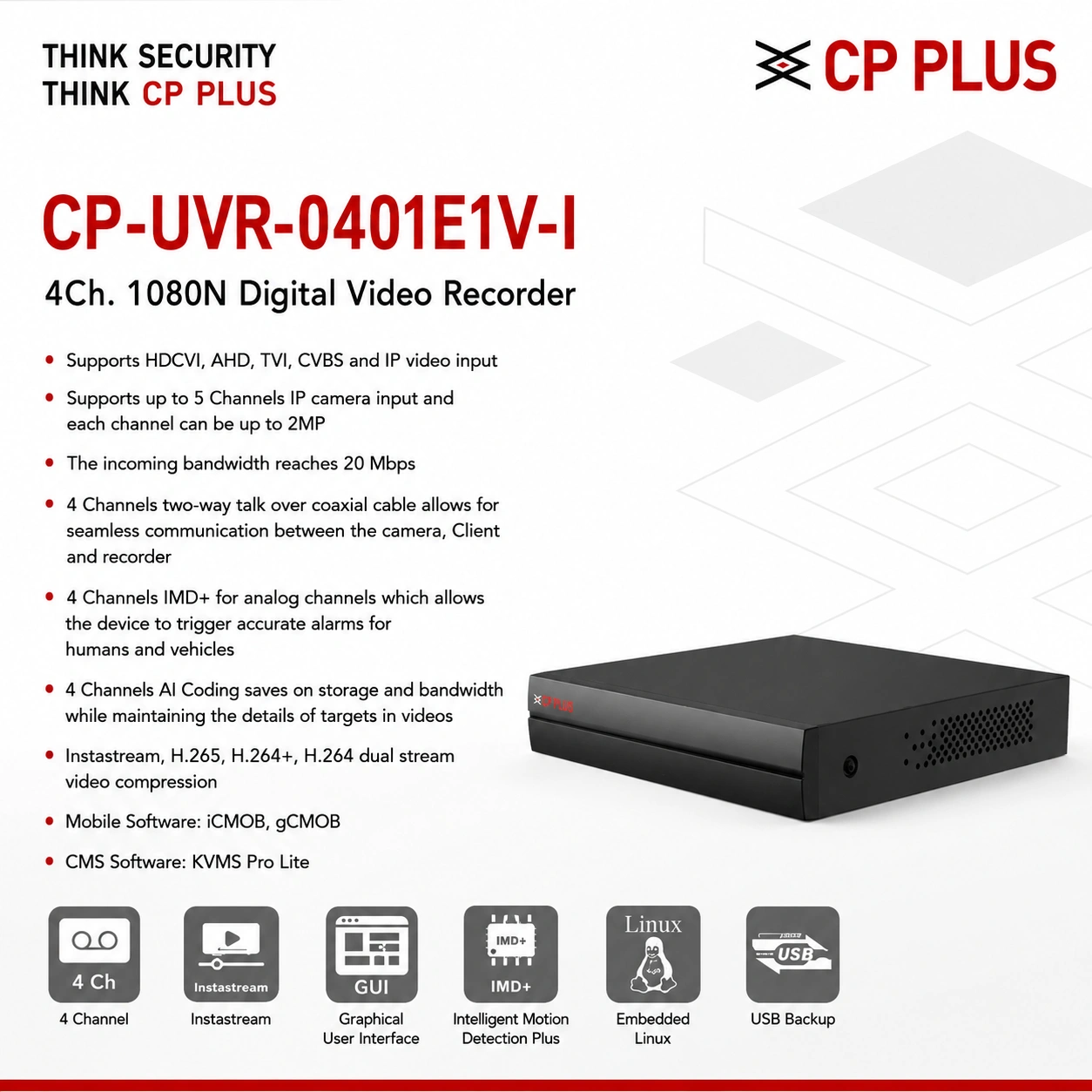 CP PLUS CP-UVR-0401E1V-I 4 Channel AI Digital Video Recorder with two audio support