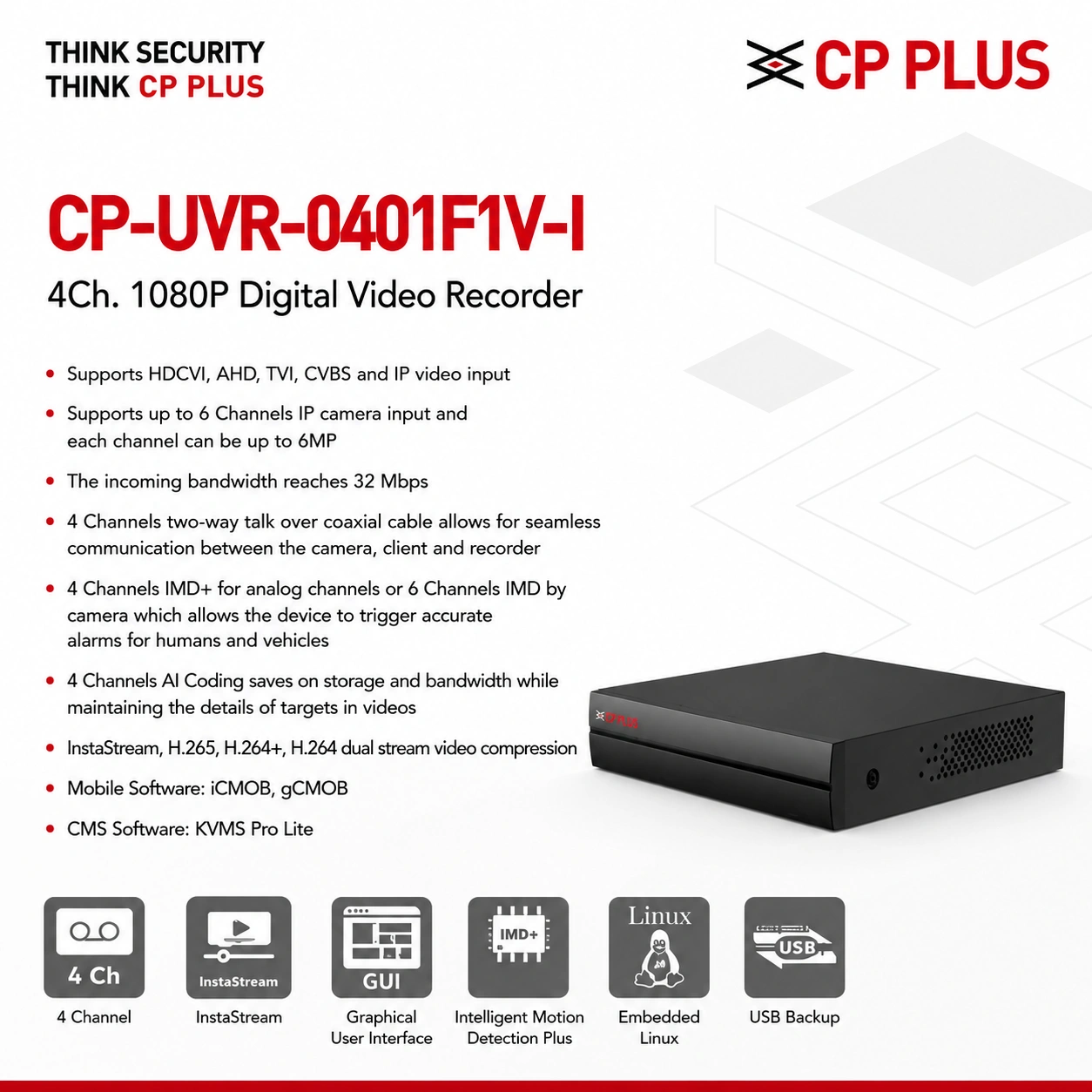 CP PLUS CP-UVR-0401F1V-I 4 Channel AI Digital Video Recorder with two-way Audio Support