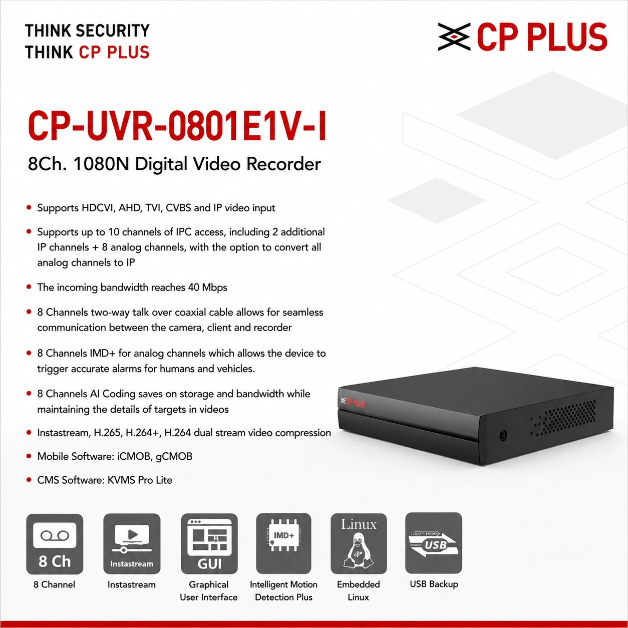CP PLUS CP-UVR-0801E1V-I 8 Channel AI Digital Video Recorder with two way audio support
