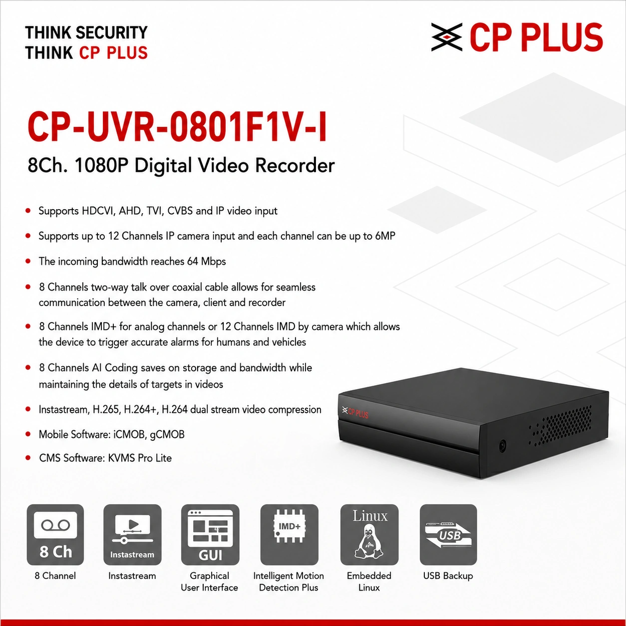 CP PLUS CP-UVR-0801F1V-I 8 Channel AI Digital Video Recorder with two way audio support
