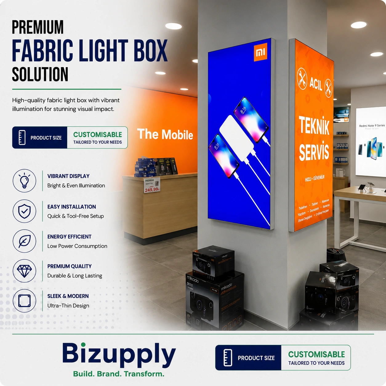 LED fabric light box display with heavy metal base plates for shopping mall aisles and event venues.