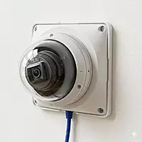 Commercial dome security camera mounted on white PVC junction box base