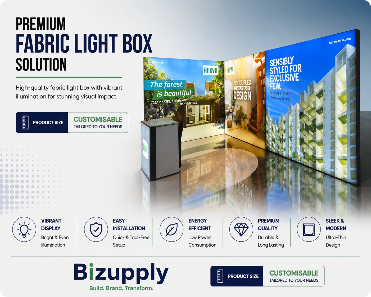 Exhibition stall illuminated backdrop wall using SEG fabric light box