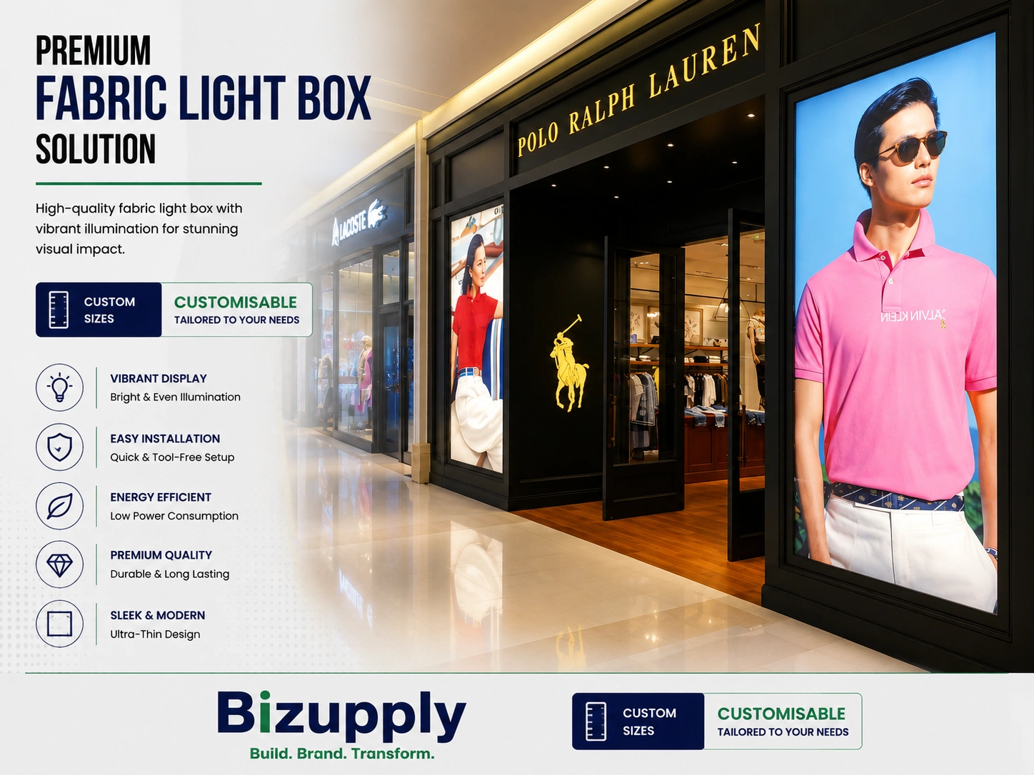 ultra-slim wall-mounted LED fabric light box showcasing its space-saving 50mm thin frame depth.