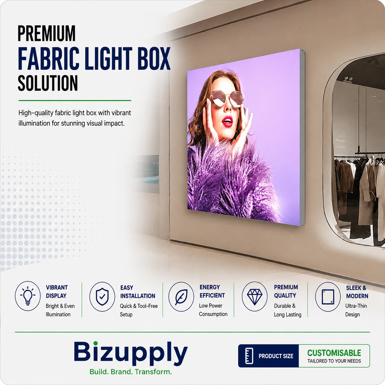 Wall mounted LED fabric light box displaying office reception logo