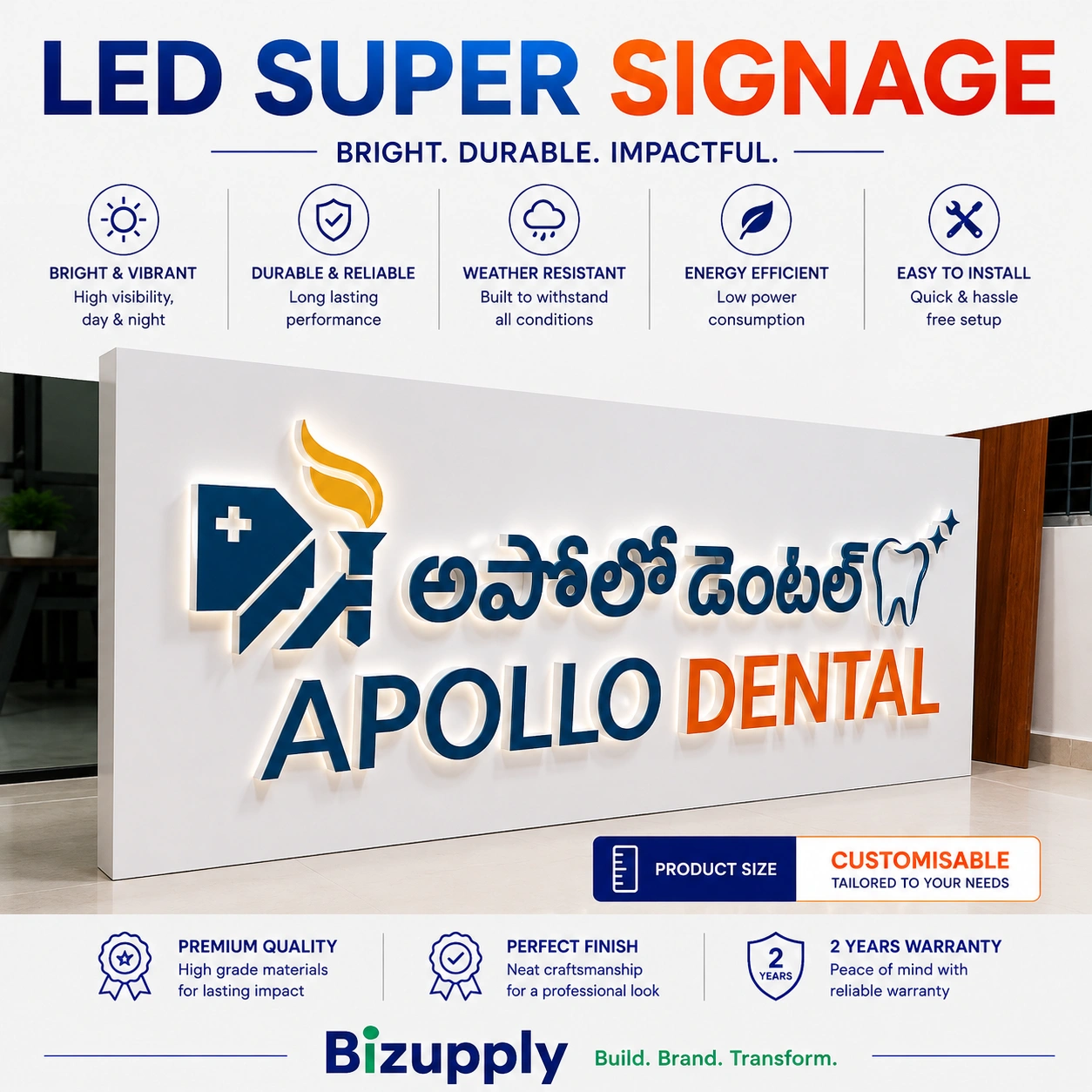 Architectural-grade liquid acrylic building facade signage for commercial complexes