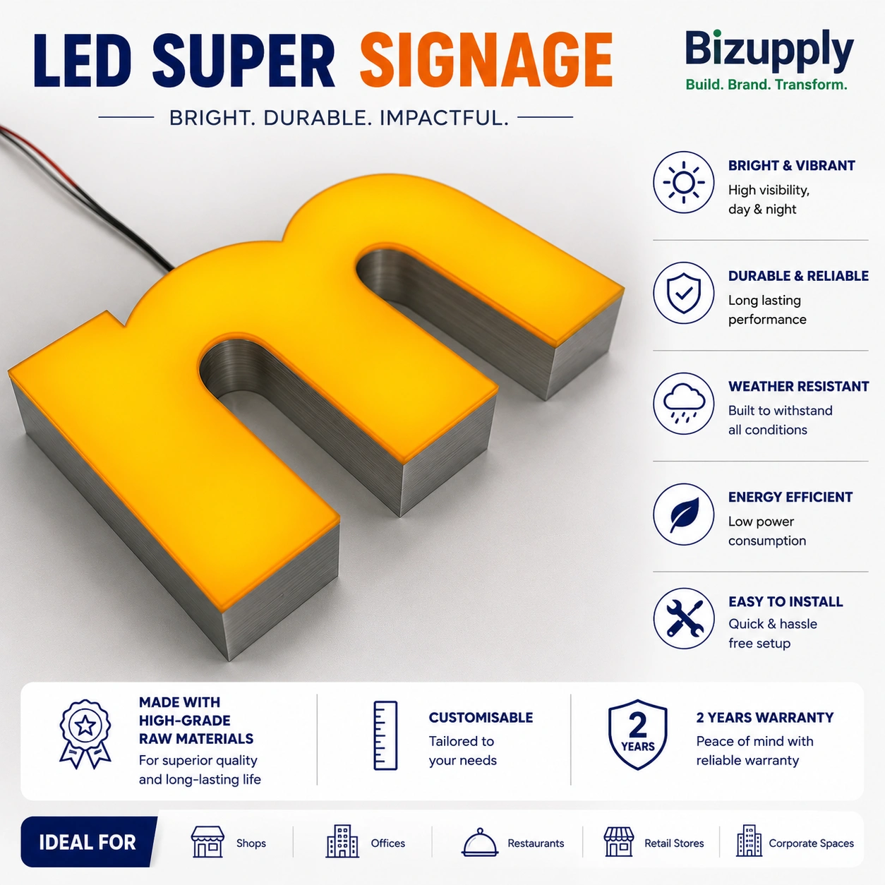 Vibrant liquid acrylic LED glow signboard designed for retail shops and shopping malls